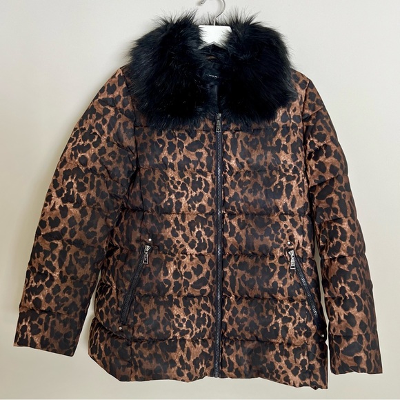 Tahari Leopard Print Puffer Coat with Faux Fur Collar, Size M - Picture 1 of 8